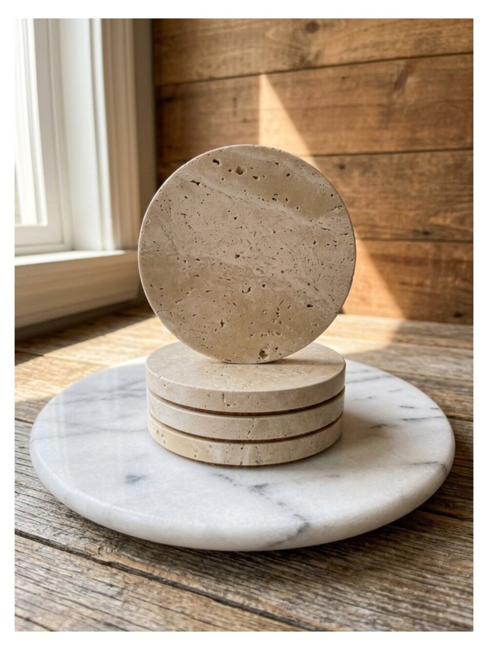 Travertine Stone Drink Coasters Set of 4 Round Cork Backing Non-Slip